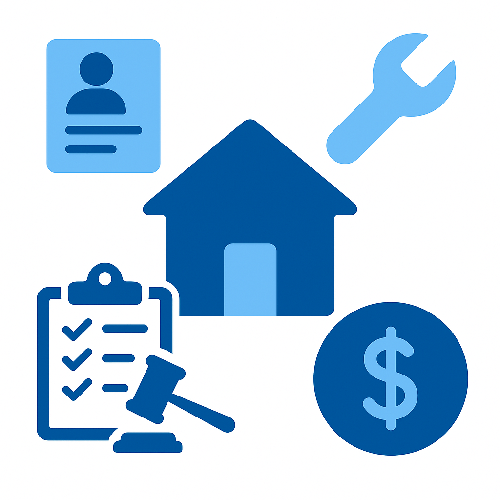 Abstract icons for screening, maintenance, legal and finance